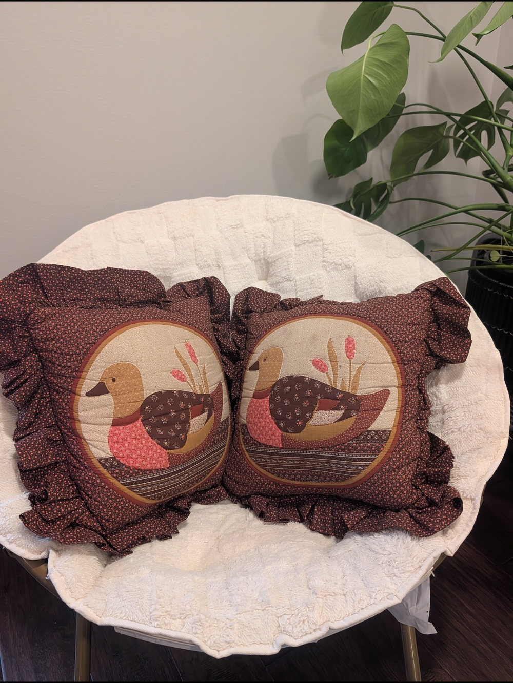 Duck Print Brown Ruffle Throw Pillows - Set of 2 Cottagecore Vintage 90s